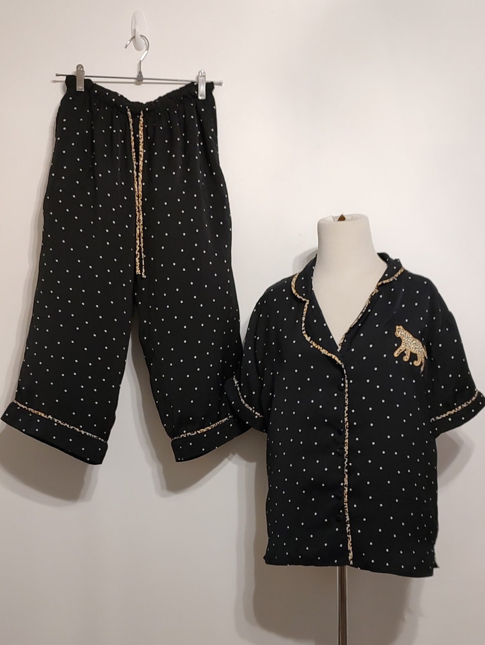 Room Service Black Polka Dot Pajama Set with Gold Trim and Embroidered Leopard